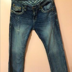 Rock revival distressed denim boot cut jeans men’s size 34
